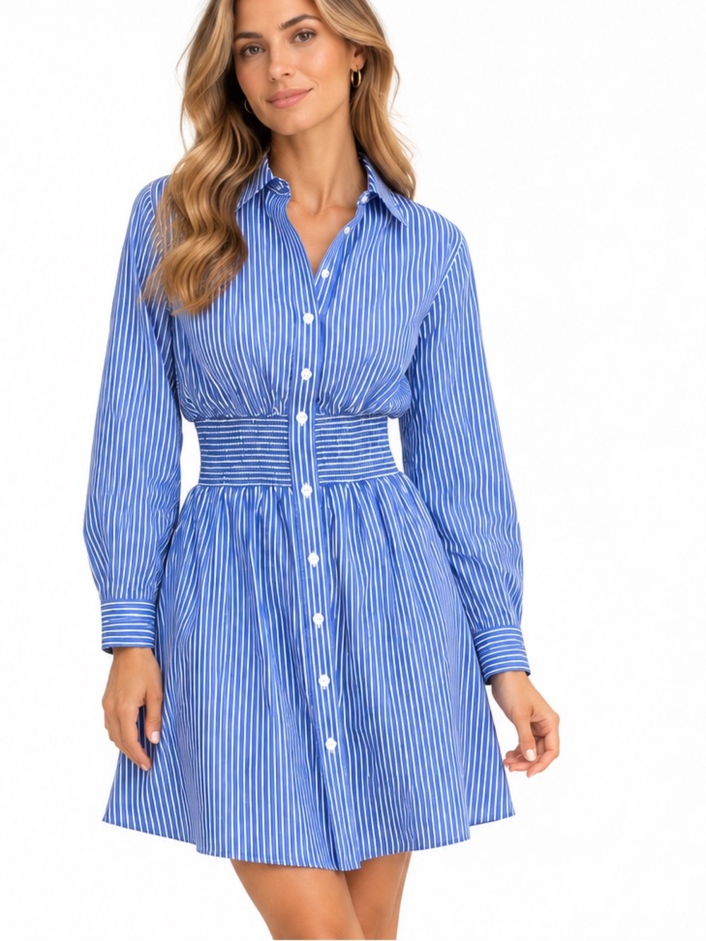 The Kooples Blue White Striped Smocked Waist Button-Front Shirt Dress Small NWT